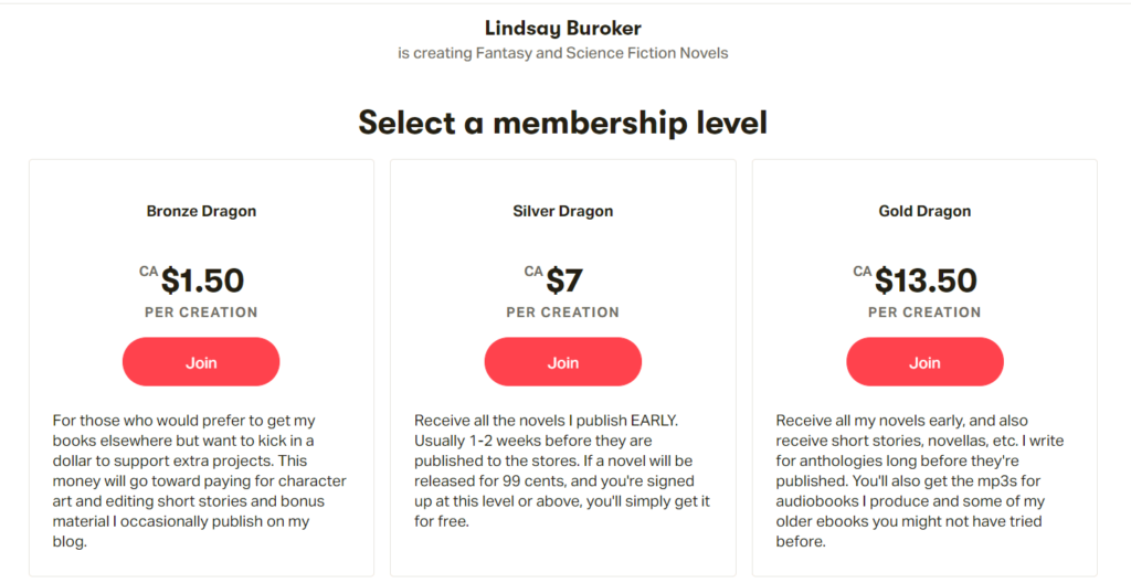 Patreon for Fiction Authors: Lindsay Buroker's Patreon tiers
